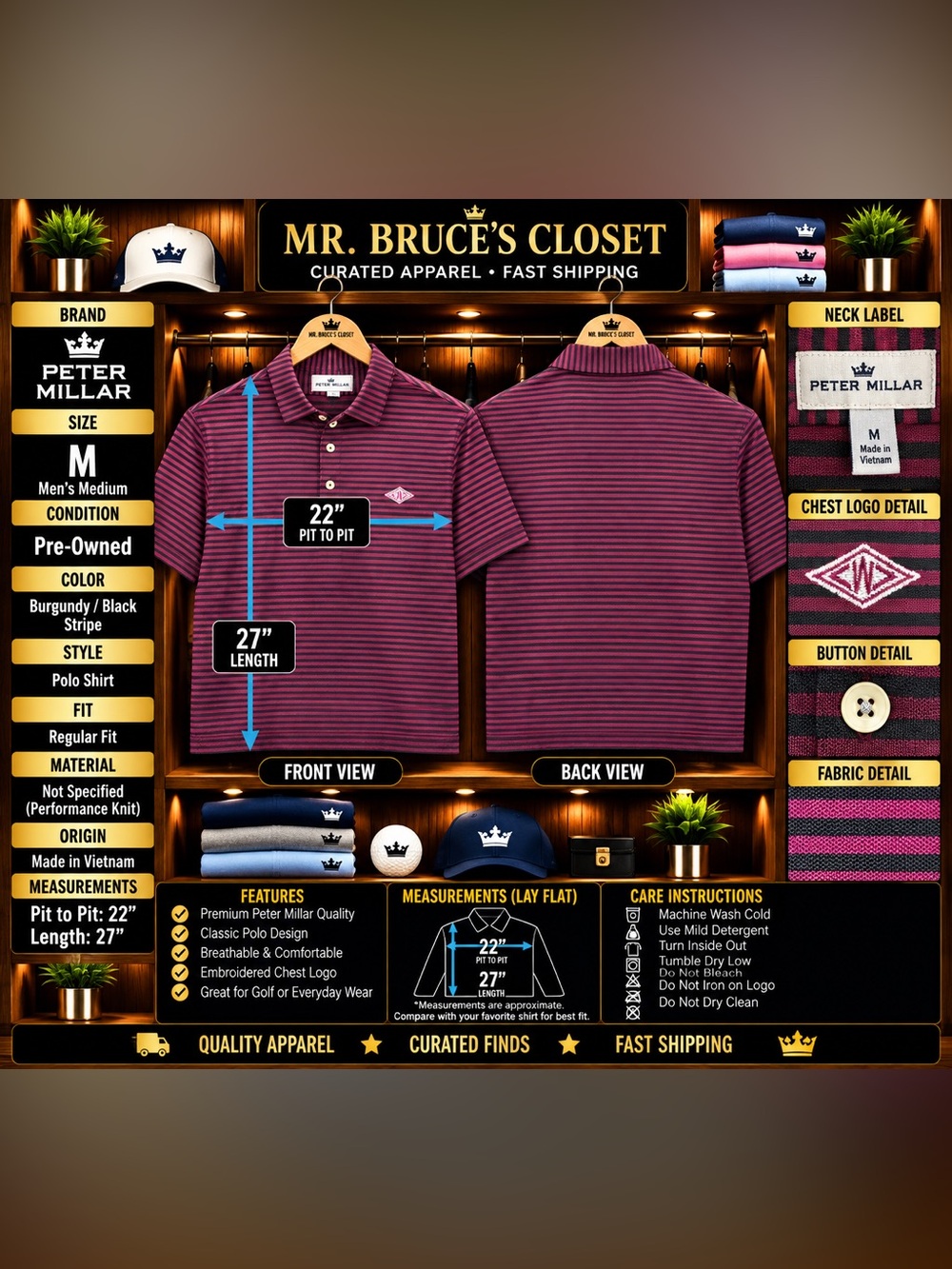 Peter Millar Men's Burgundy and Black Striped Polo